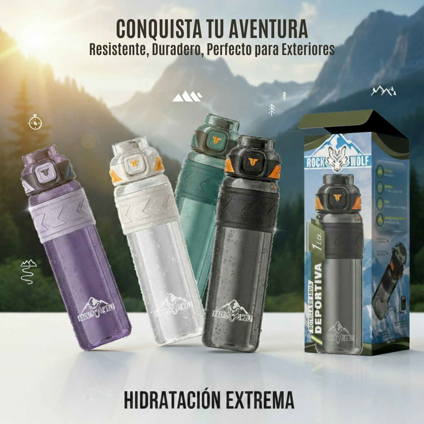 ROCK WOLF | “Botella Deportiva 1 Litro, Tritan Premium Sin BPA y A Prueba de Fugas”