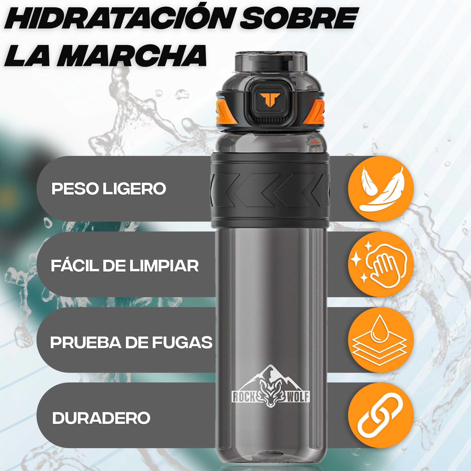 ROCK WOLF | “Botella Deportiva 1 Litro, Tritan Premium Sin BPA y A Prueba de Fugas”